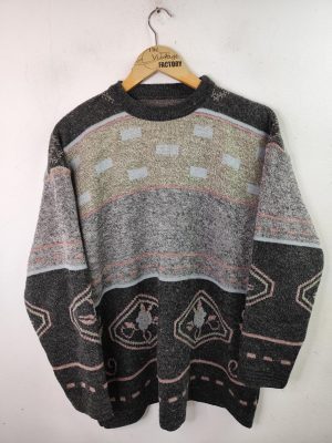 Vintage Knitted Sweater Wool Grey Flowers Print & Round Neck XL