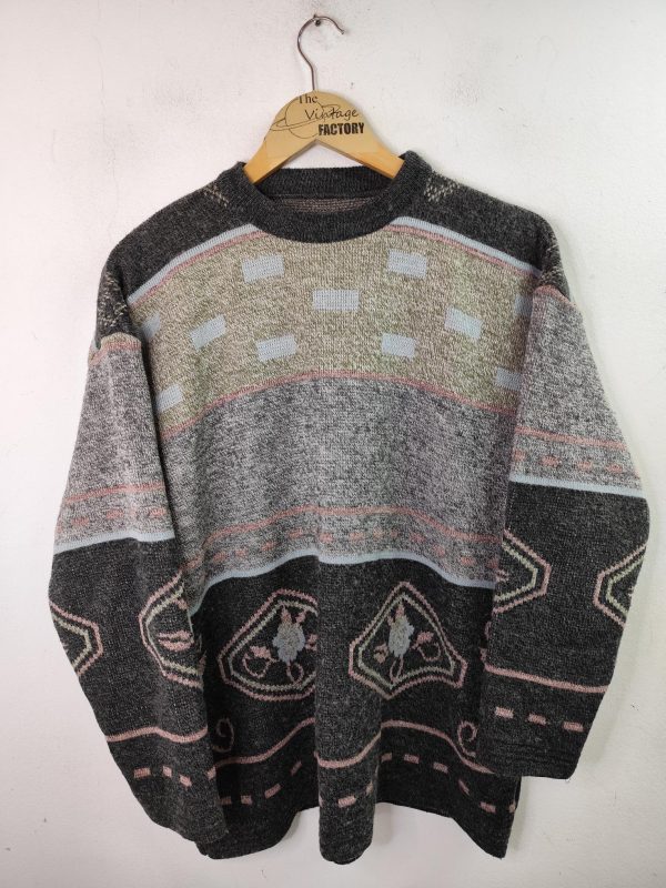 Vintage Knitted Sweater Wool Grey Flowers Print & Round Neck XL