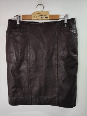 Leather Skirt Vintage Dark Brown & Pockets midi XL