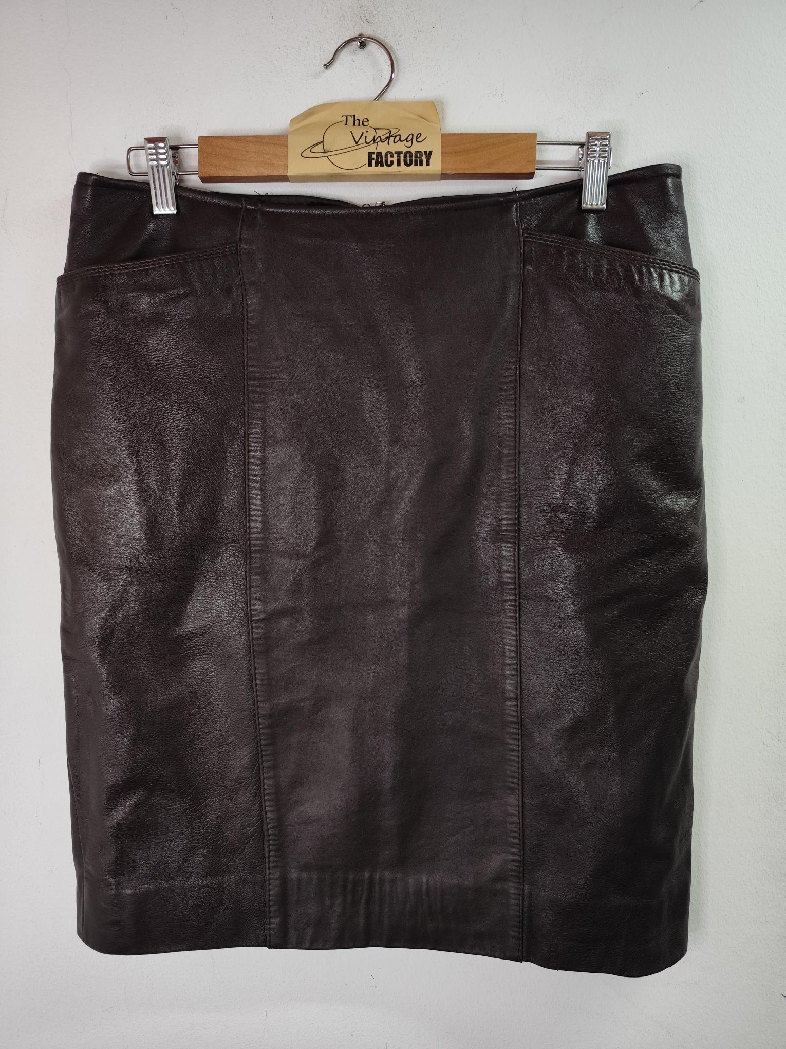 Leather Skirt Vintage Dark Brown & Pockets midi XL