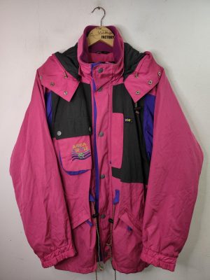 Geo Spirit Aqua Circle vintage 80s anorak Fuchsia Pink Hood & Removable fleece L XL