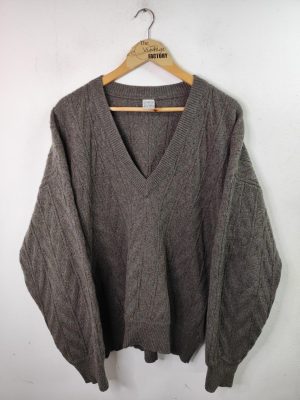 Knitted sweater vintage 90s lambswool mohair V-neck Grey & Brown XXL