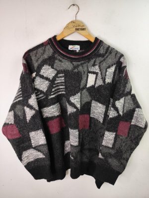 Nuvua Vintage Knitted Sweater Wool Alpaca Dark Gray & Geometrical Print XXL