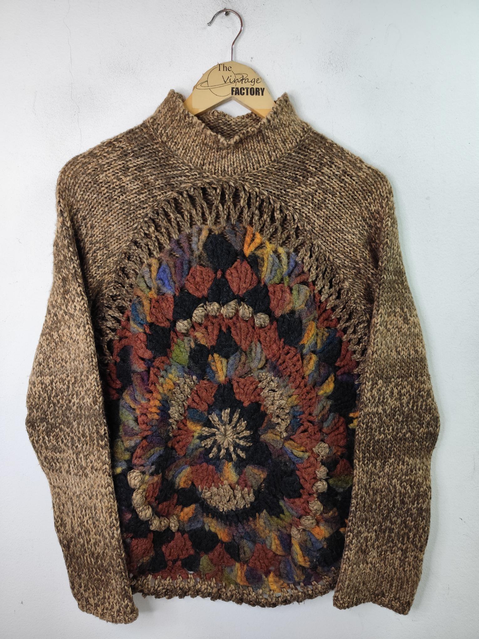 Donna Handmade vintage wool Knitted sweater Brown & Flowers M L