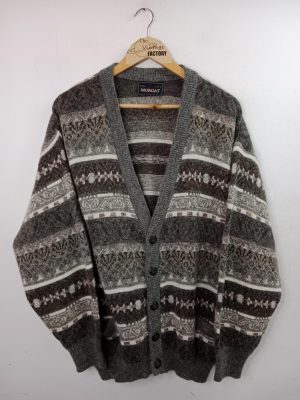 Knitted Vintage Cardigan Wool Mohair Brown & Gray Striped XXL XXXL