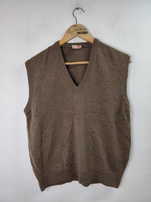 Knitted vest vintage lambswool V-neck & Brown L XL