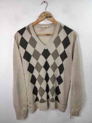Knitted sweater vintage 70s wool V-neck Beige & Diamond print L