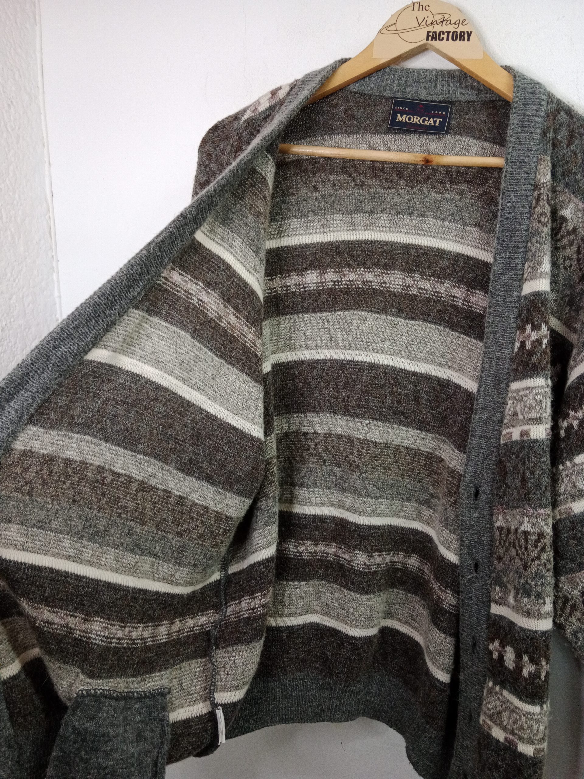 Knitted Vintage Cardigan Wool Mohair Brown & Gray Striped XXL XXXL - Imagen 6