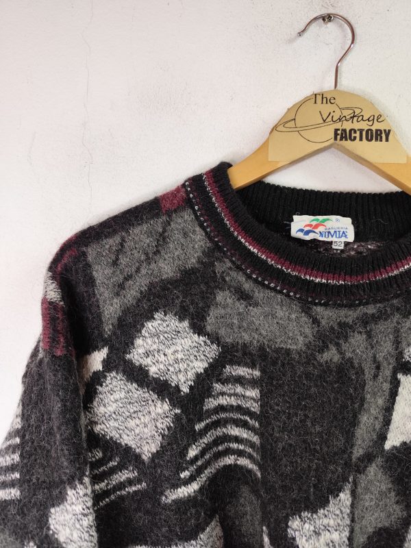 Nuvua Vintage Knitted Sweater Wool Alpaca Dark Gray & Geometrical Print XXL - Imagen 2