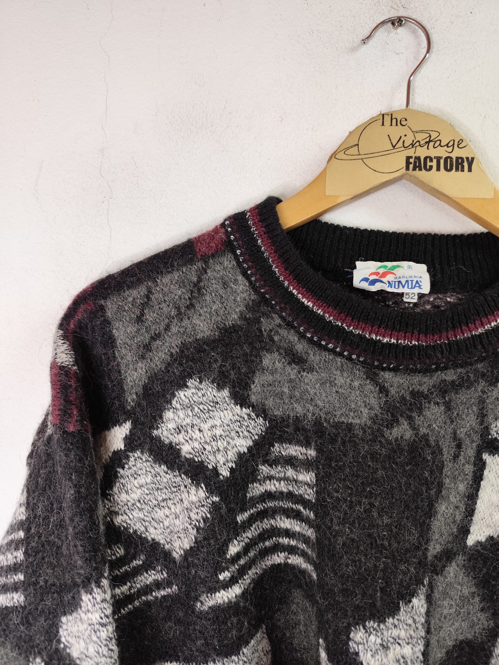 Nuvua Vintage Knitted Sweater Wool Alpaca Dark Gray & Geometrical Print XXL - Imagen 2