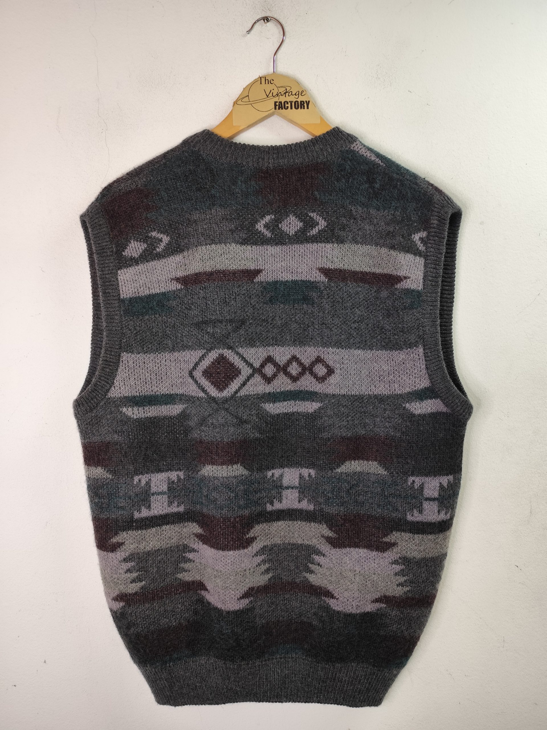 Jimmy Knitted vest vintage wool & mohair & Grey geometric print L XL - Imagen 4