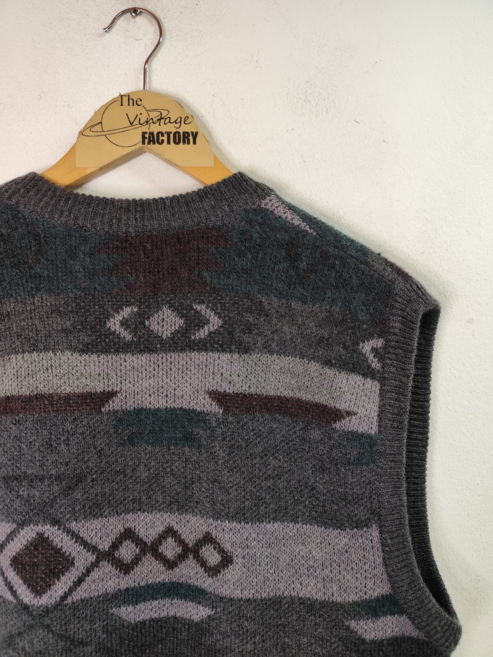 Jimmy Knitted vest vintage wool & mohair & Grey geometric print L XL - Imagen 5