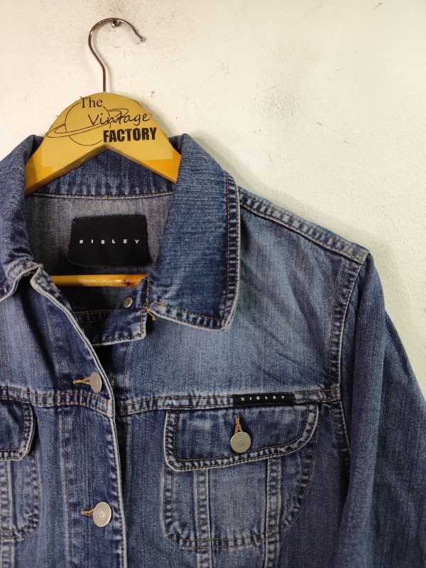 Sisley Vintage 00s Y2K Denim Jacket Worn Dark Blue M L - Imagen 2