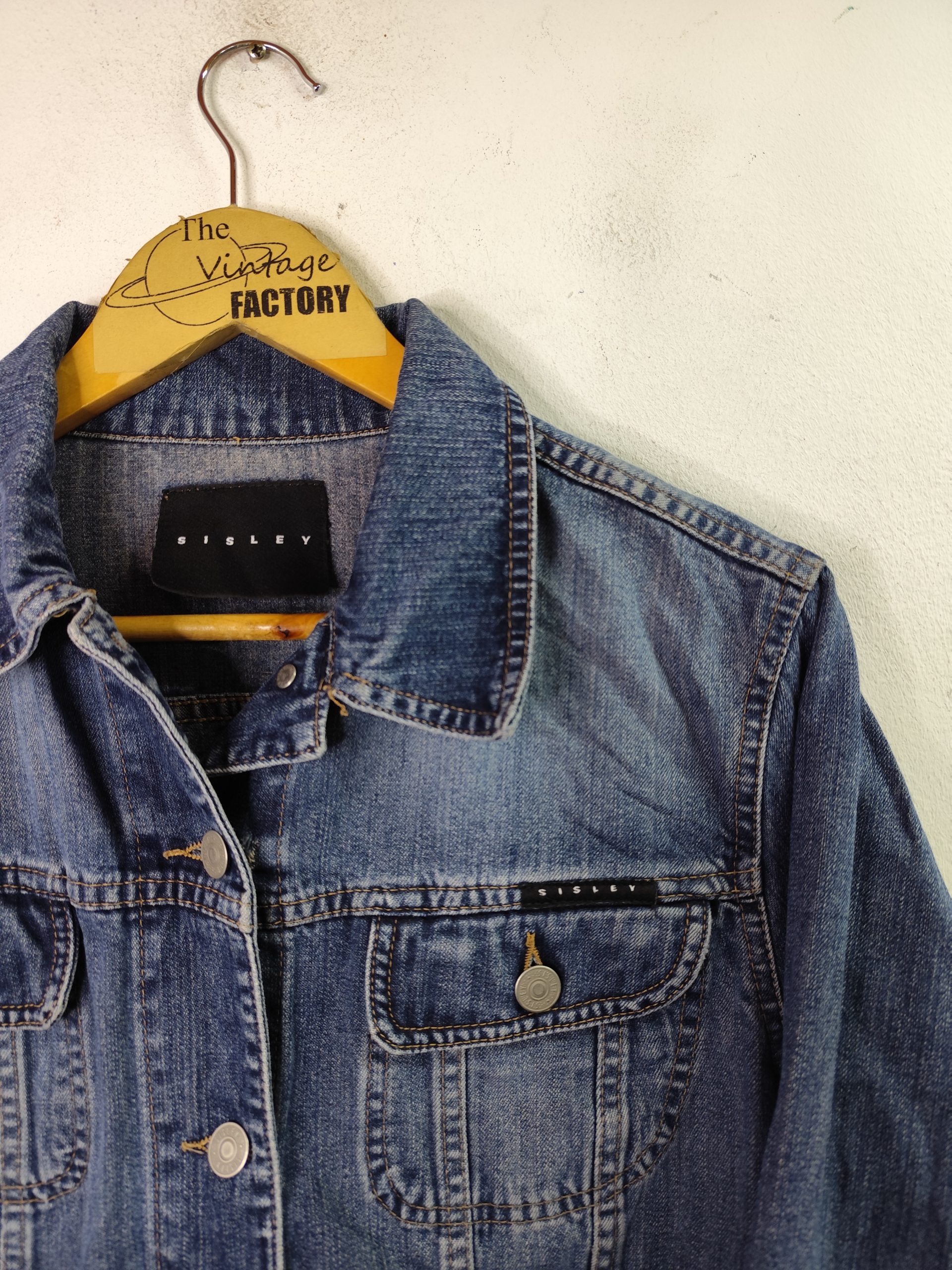Sisley Vintage 00s Y2K Denim Jacket Worn Dark Blue M L - Imagen 2