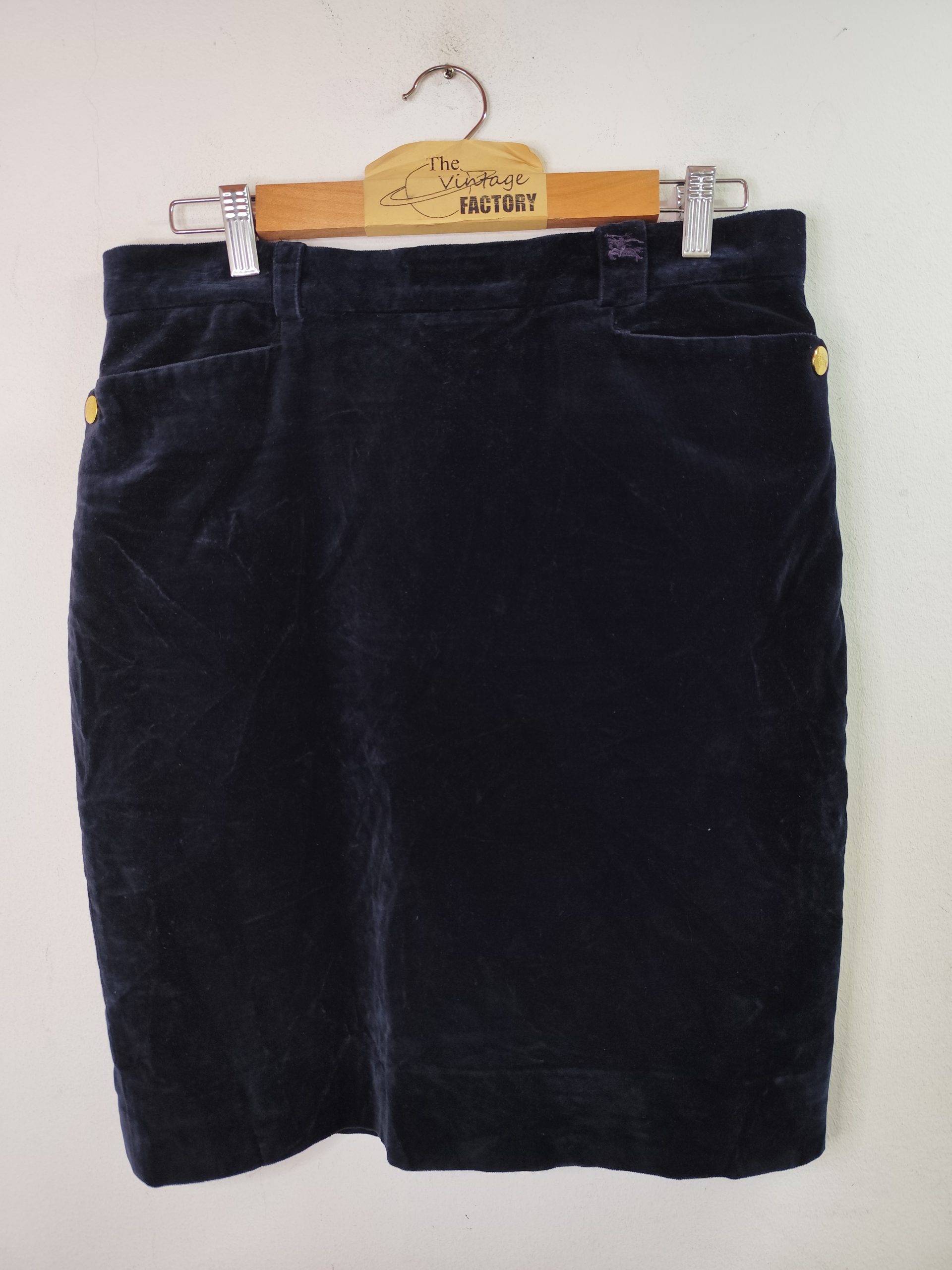 Burberrys Vintage Velvet Cotton Skirt Dark Blue midi L XL