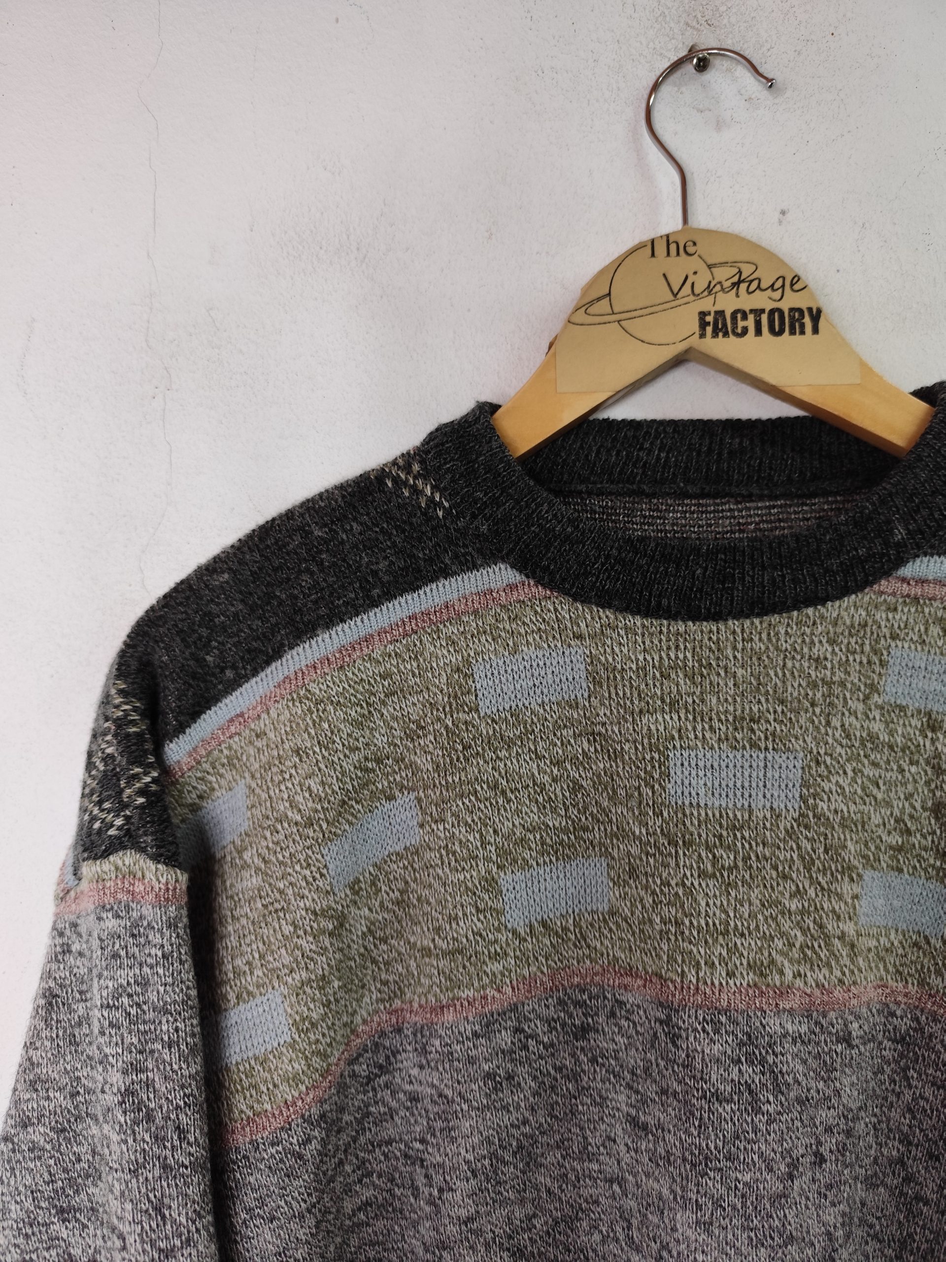 Vintage Knitted Sweater Wool Grey Flowers Print & Round Neck XL - Imagen 2