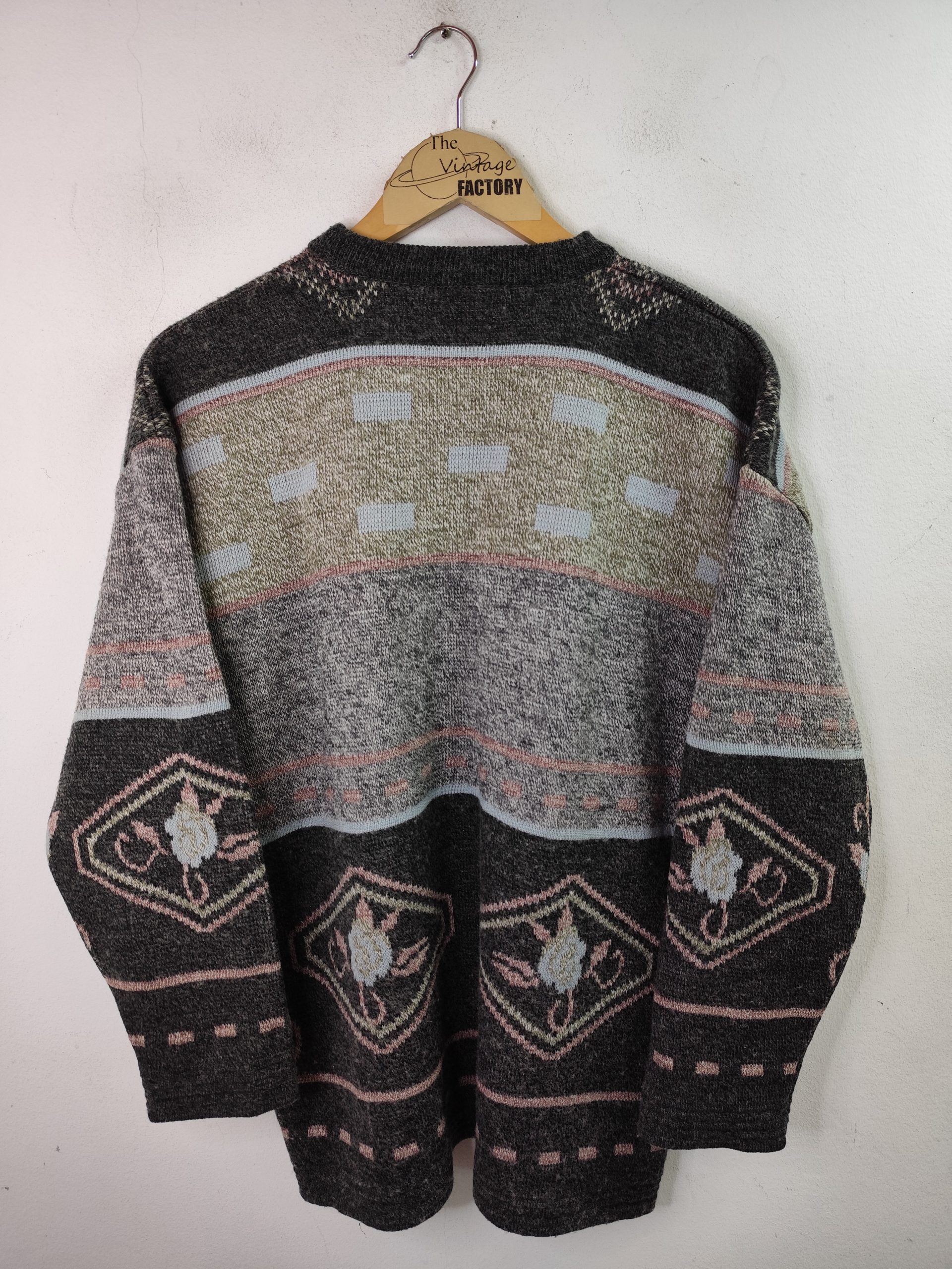 Vintage Knitted Sweater Wool Grey Flowers Print & Round Neck XL - Imagen 4