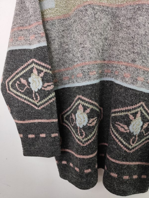 Vintage Knitted Sweater Wool Grey Flowers Print & Round Neck XL - Imagen 5