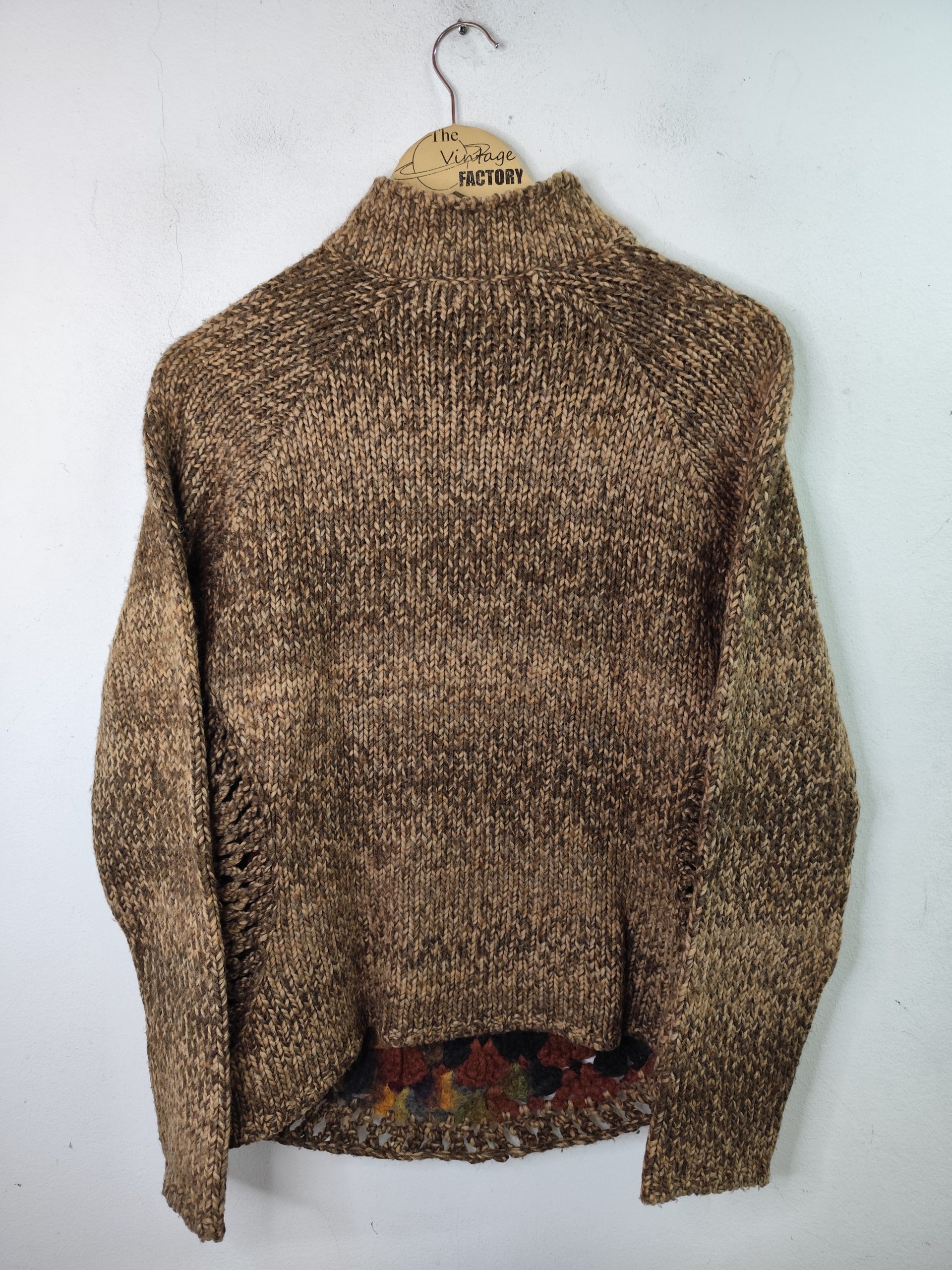Donna Handmade vintage wool Knitted sweater Brown & Flowers M L - Imagen 4