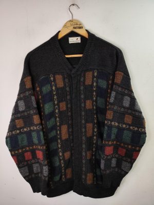 Frankalexs Knitted cardigan vintage wool Zipper Dark Grey & Checkered XL
