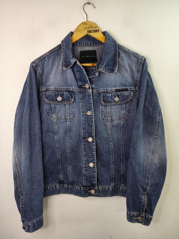 Sisley Vintage 00s Y2K Denim Jacket Worn Dark Blue M L