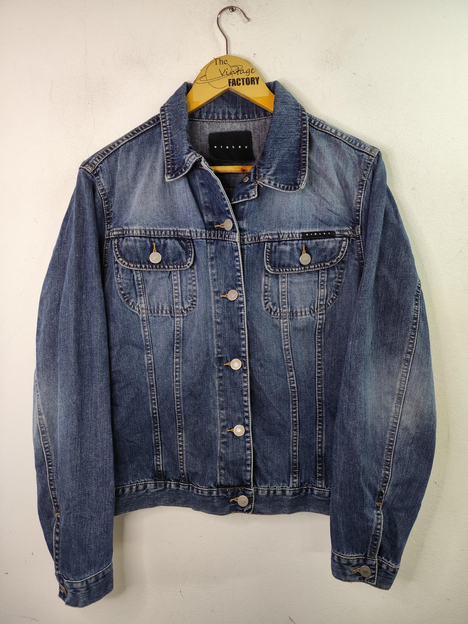 Sisley Vintage 00s Y2K Denim Jacket Worn Dark Blue M L