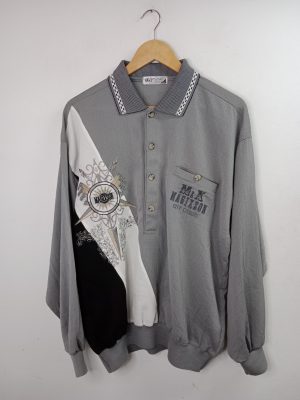 Vintage Long Sleeve Polo Gray White & Black Embroided XL