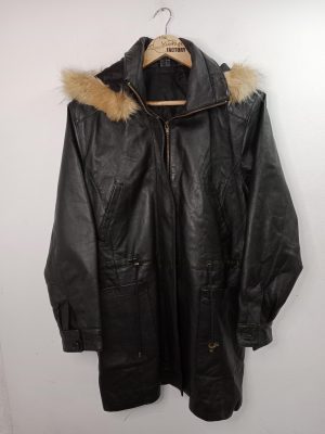 Chaqueta de piel negra con capucha y pelo vintage 90s XL