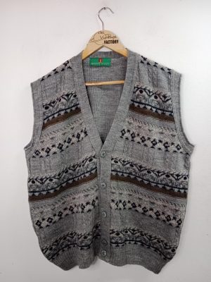 Vintage Knitted Wool Vest Gray & Print XL