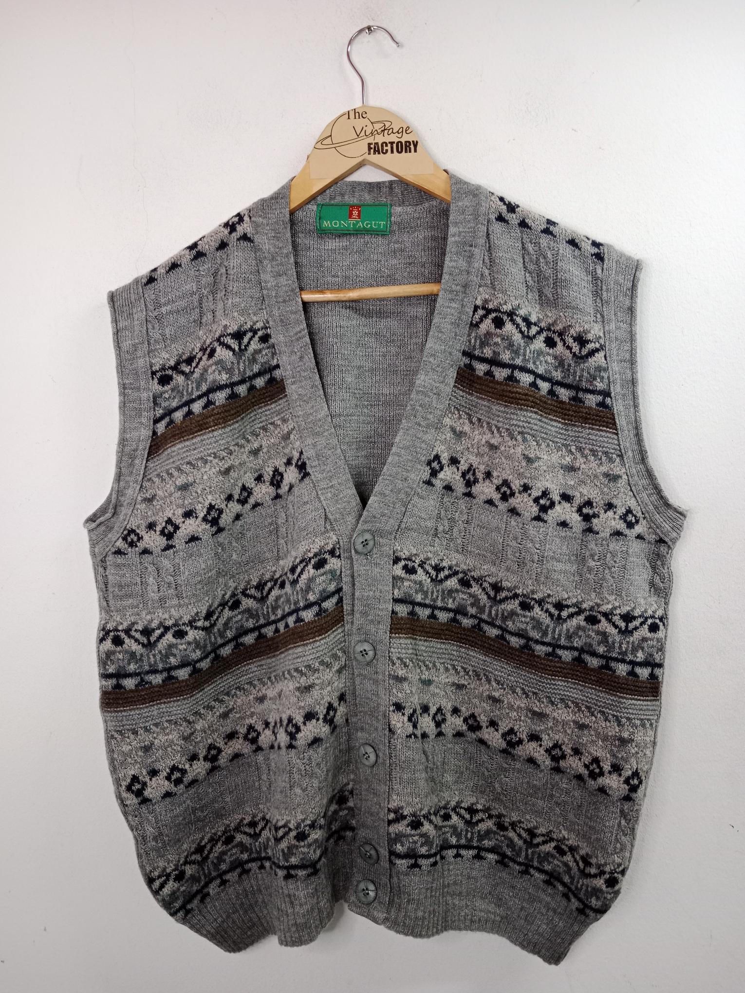Vintage Knitted Wool Vest Gray & Print XL