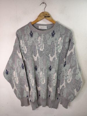 Jersey de punto gris estampado vintage 90s XL XXL