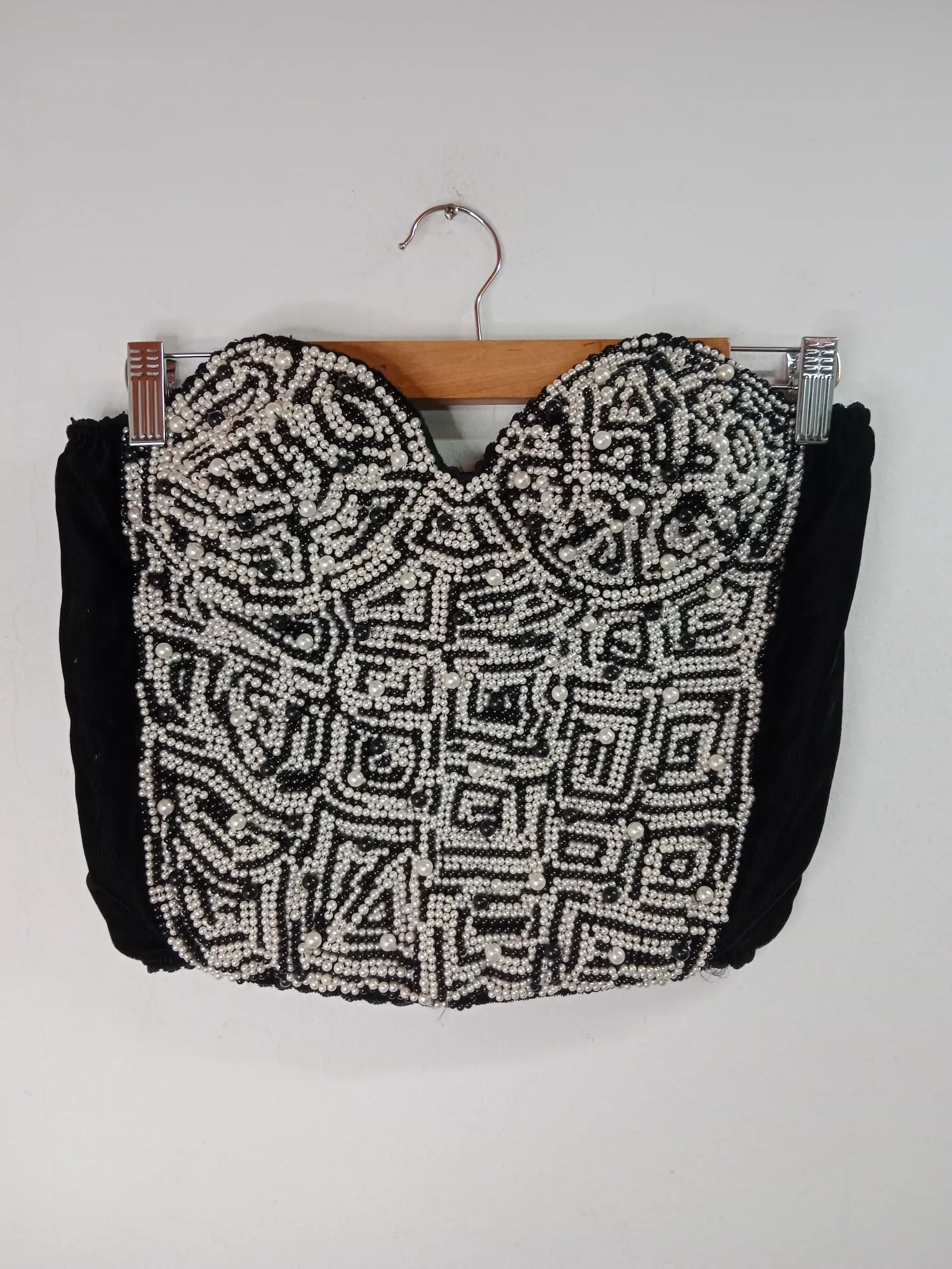 Vintage handmade black top & white embroided pearls L