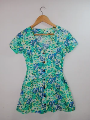 Vestido verano verde y azul flores corto vintage 90s S