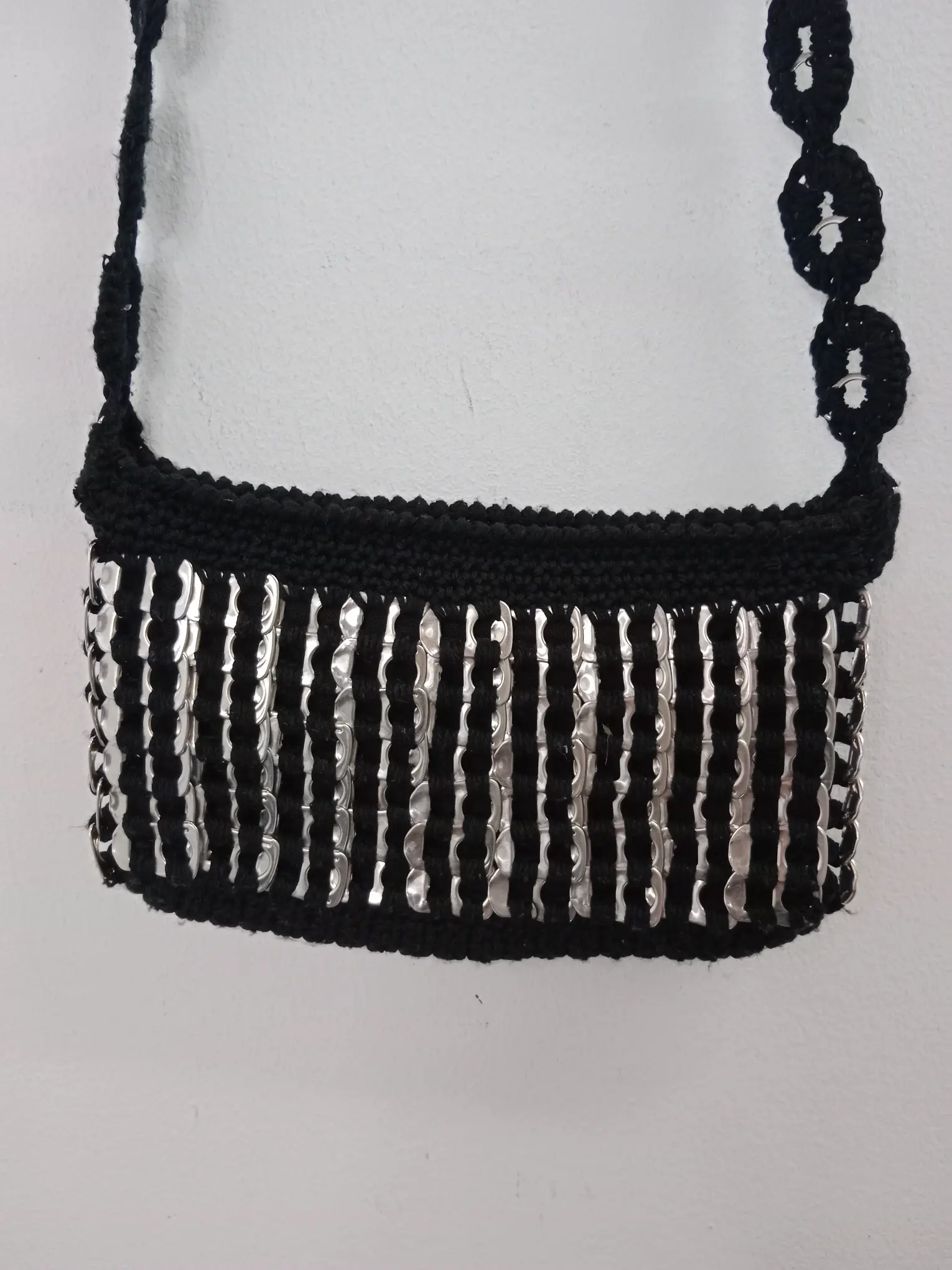 Recycled DIY crochet handmade bag black & silver can plates