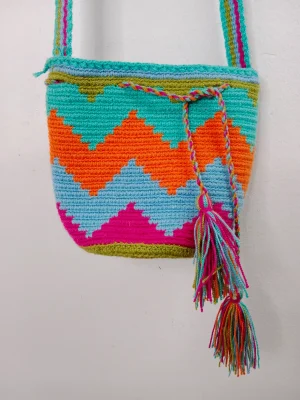 Vintage handmade crochet bag blue pink & orange