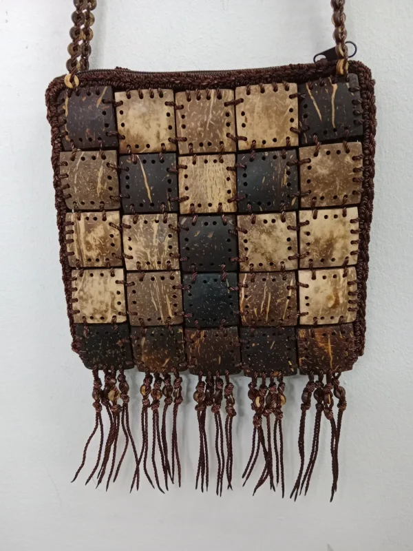 Vintage Thailand handmade wooden square bag brown - Imagen 3