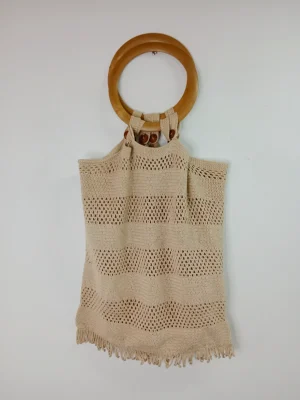 Vintage handmade crochet bag beige & wooden bag handle