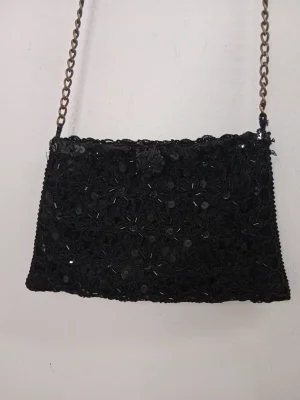 Vintage party crochet bag black & embroided sequens flowers