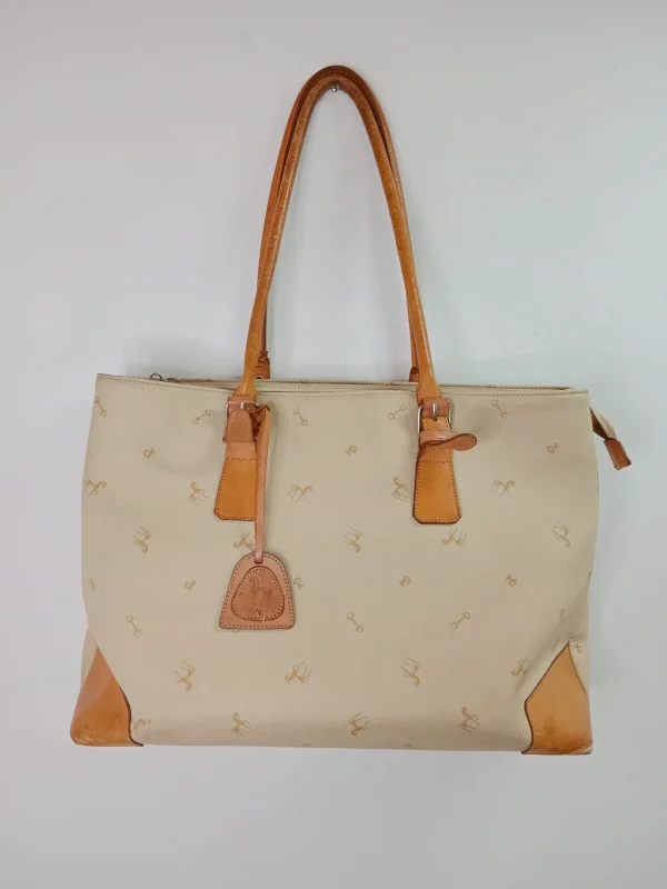 Petusco vintage leather shopper bag beige & camel brown