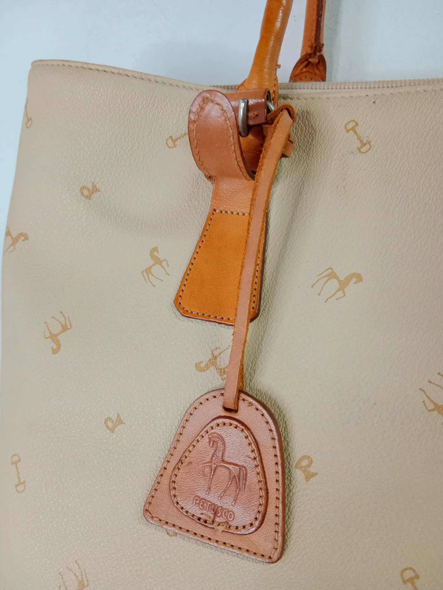 Petusco vintage leather shopper bag beige & camel brown - Imagen 3