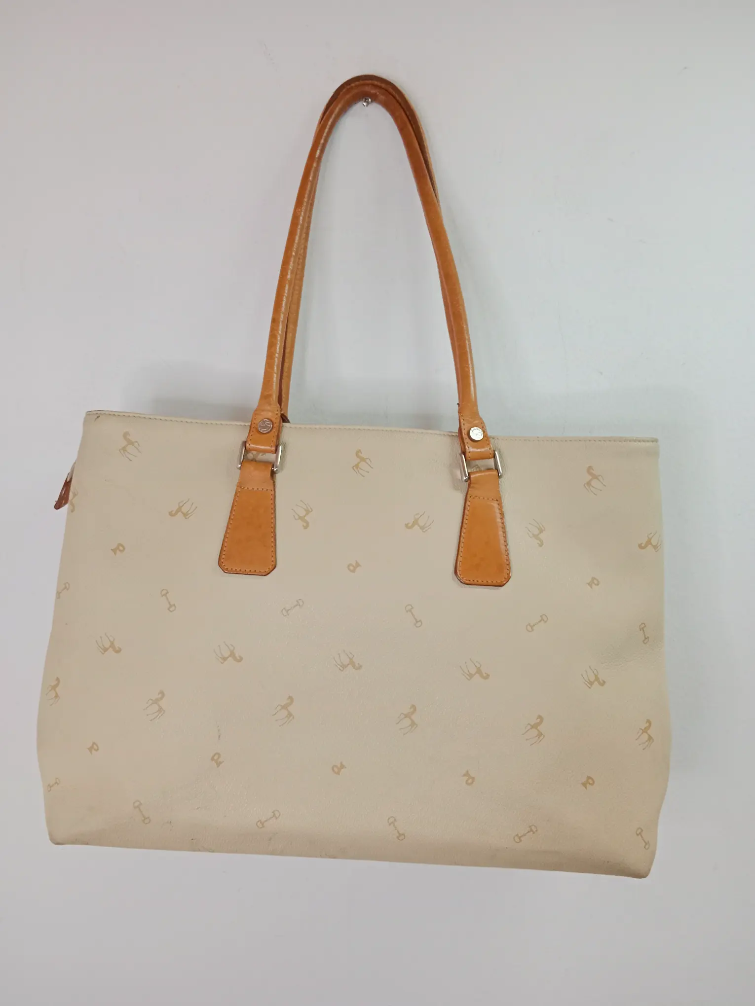 Petusco vintage leather shopper bag beige & camel brown - Imagen 4