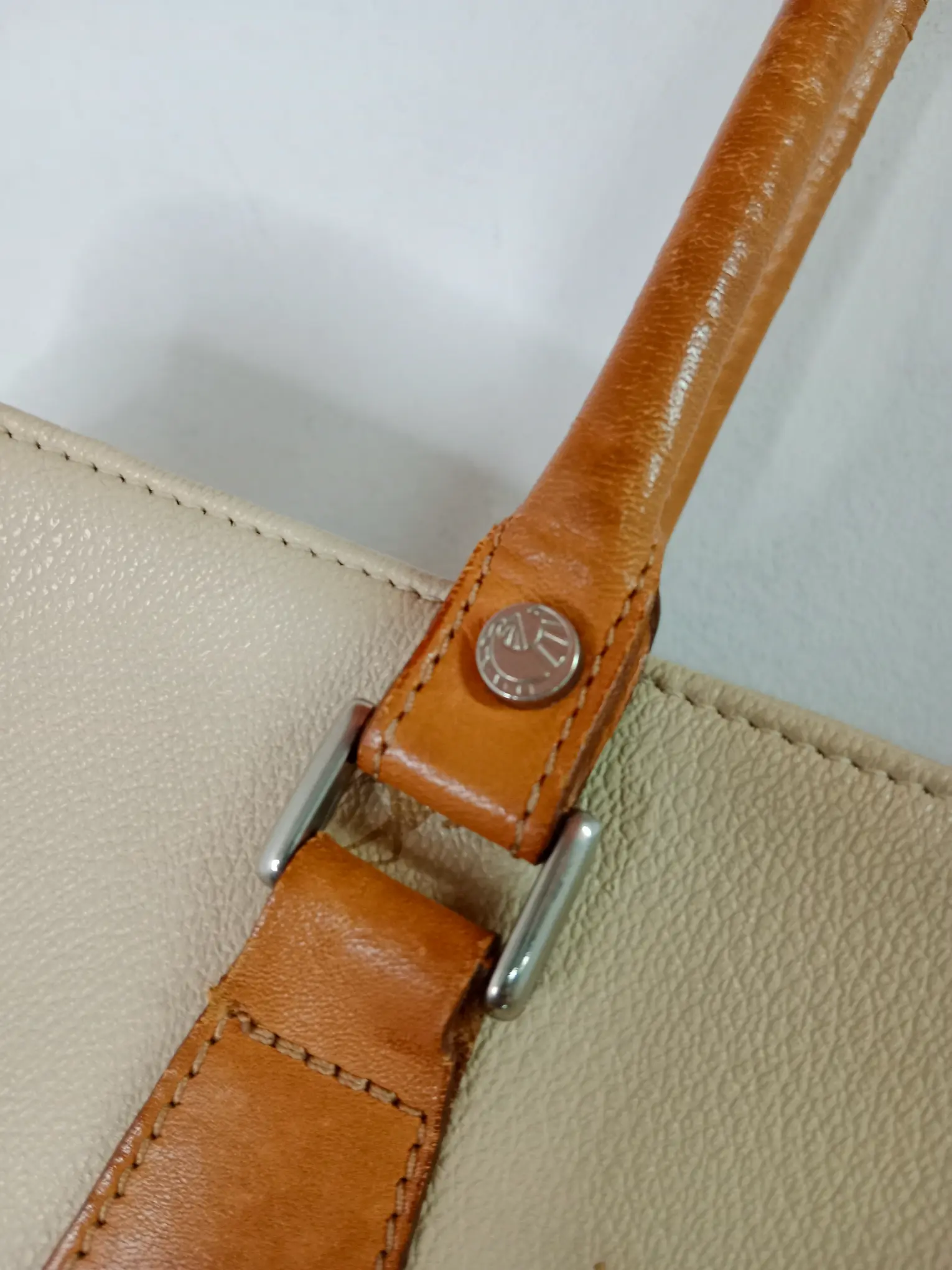 Petusco vintage leather shopper bag beige & camel brown - Imagen 5