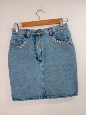 Falda vaquera azul claro bordada corta vintage 90s XS S