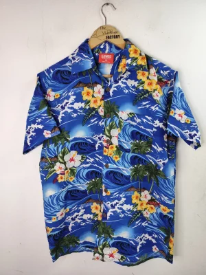 Camisa hawaiana azul flores amarillas S M
