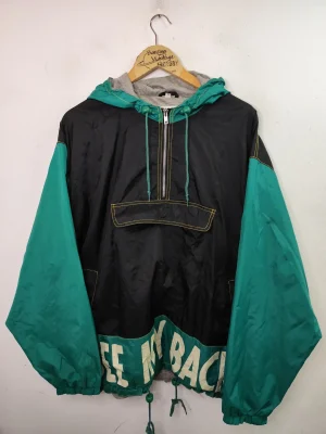Cortavientos negro y verde capucha vintage 90s XXL XXXL