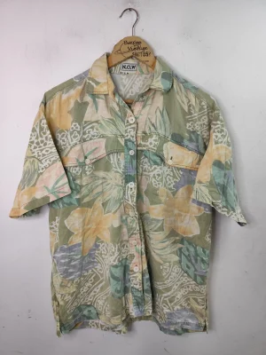 Camisa hawaiana verde caqui flores vintage 80s L XL
