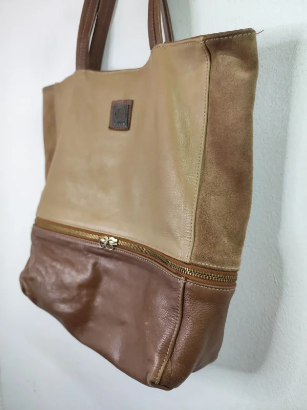 Vintage 90s leather shopper bag beige & dark brown - Imagen 3