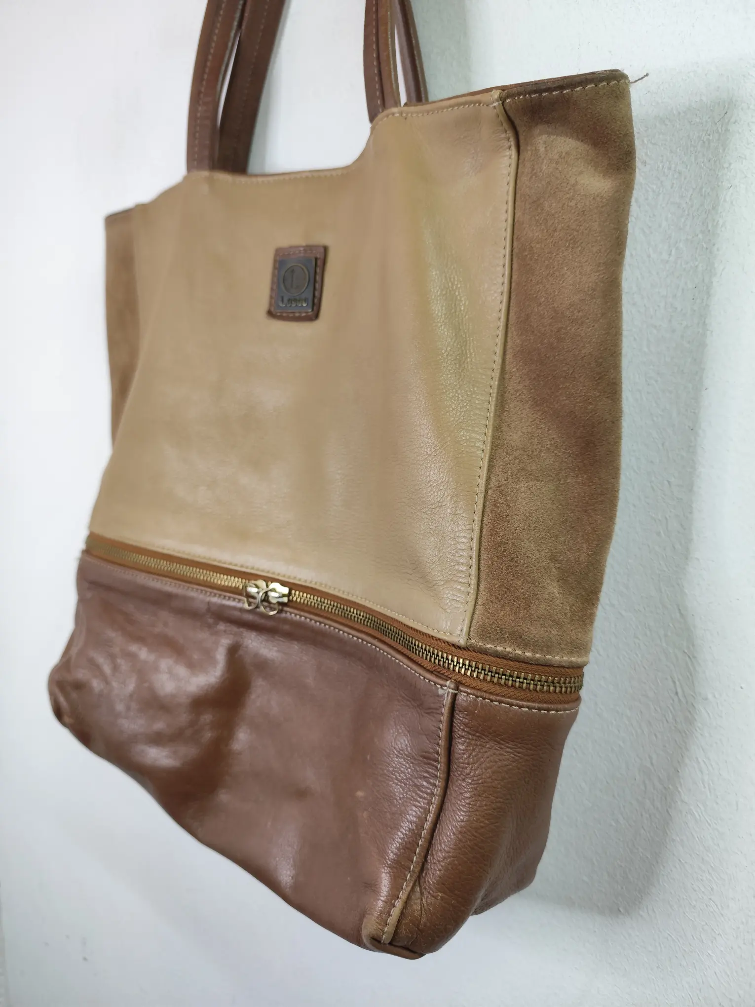 Vintage 90s leather shopper bag beige & dark brown - Imagen 3