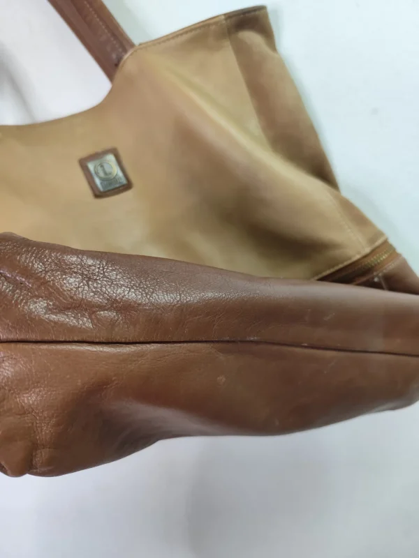 Vintage 90s leather shopper bag beige & dark brown - Imagen 4