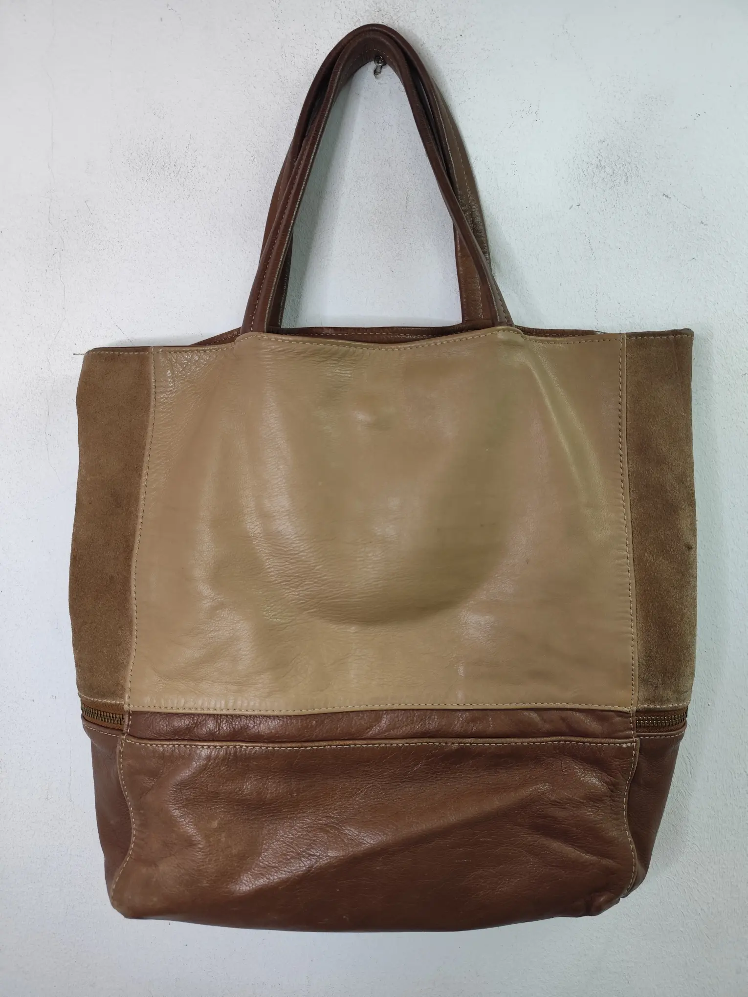 Vintage 90s leather shopper bag beige & dark brown - Imagen 5